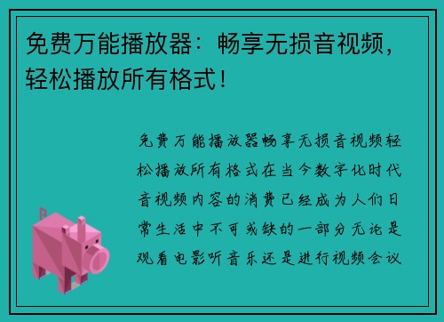 免费万能播放器：畅享无损音视频，轻松播放所有格式！